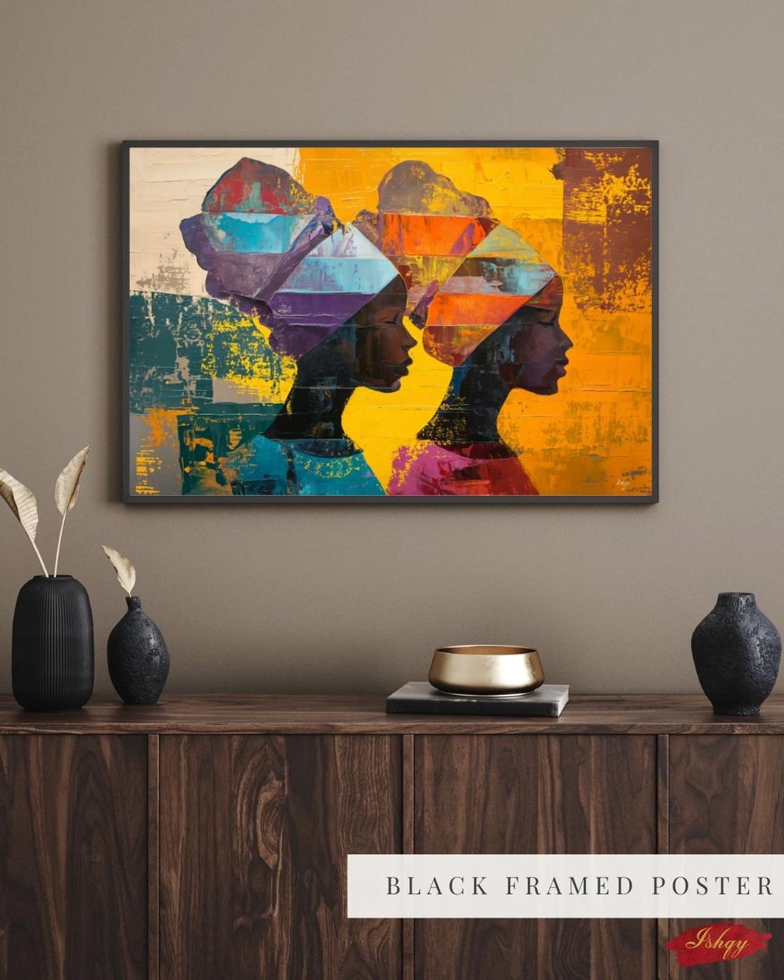 Two African Sisters in Geometric Headwraps on Gold Abstract Poster - Image 2