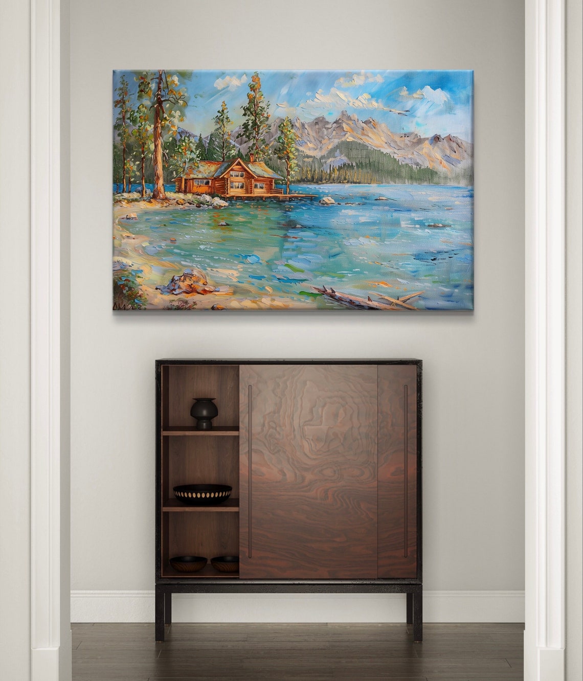 Lake Tahoe Lakeside Cabin with Pine Trees and Mountain Peaks Poster - Image 5