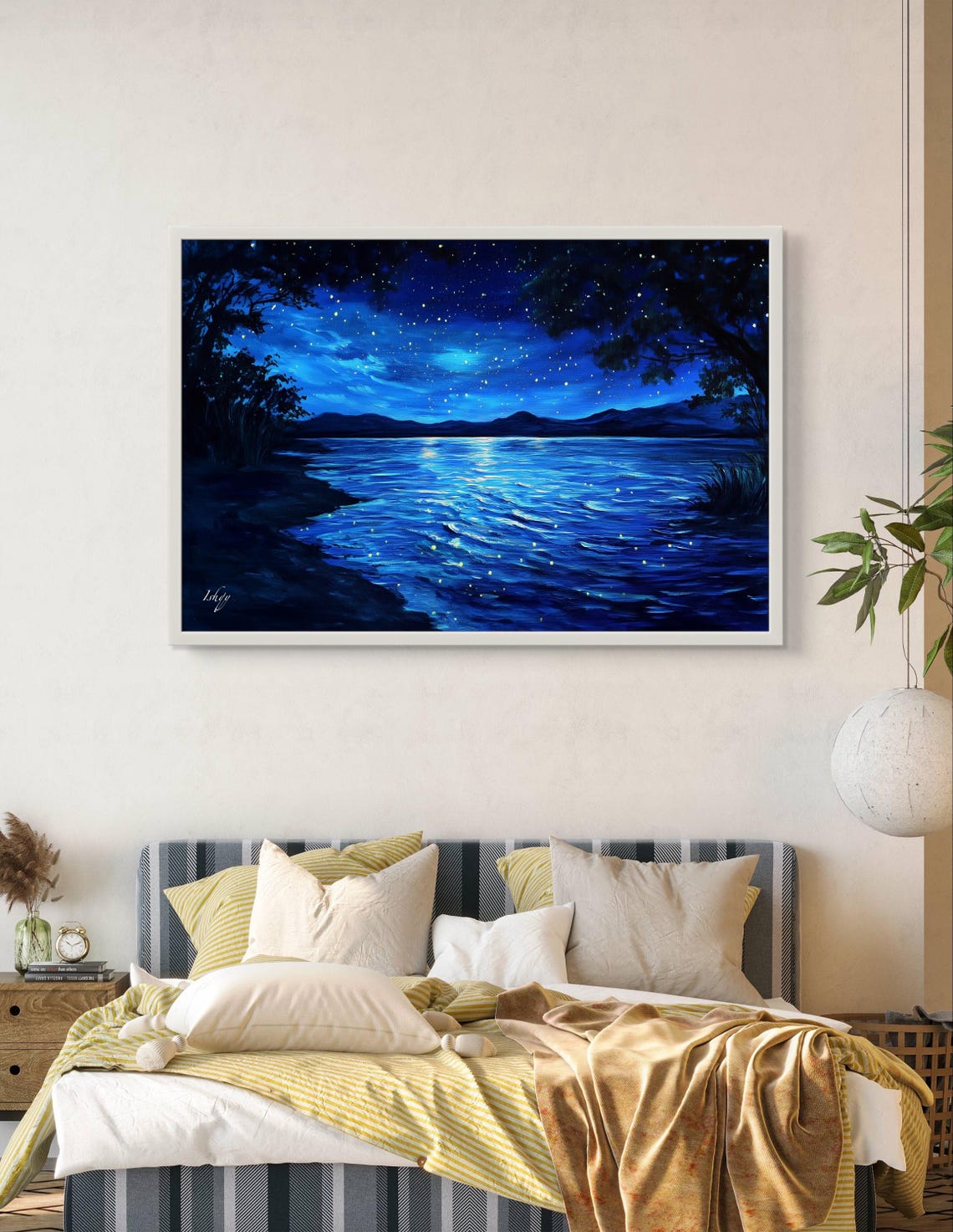 Moonlit Lake Under a Starry Night Sky with Glowing Fireflies Poster - Image 4