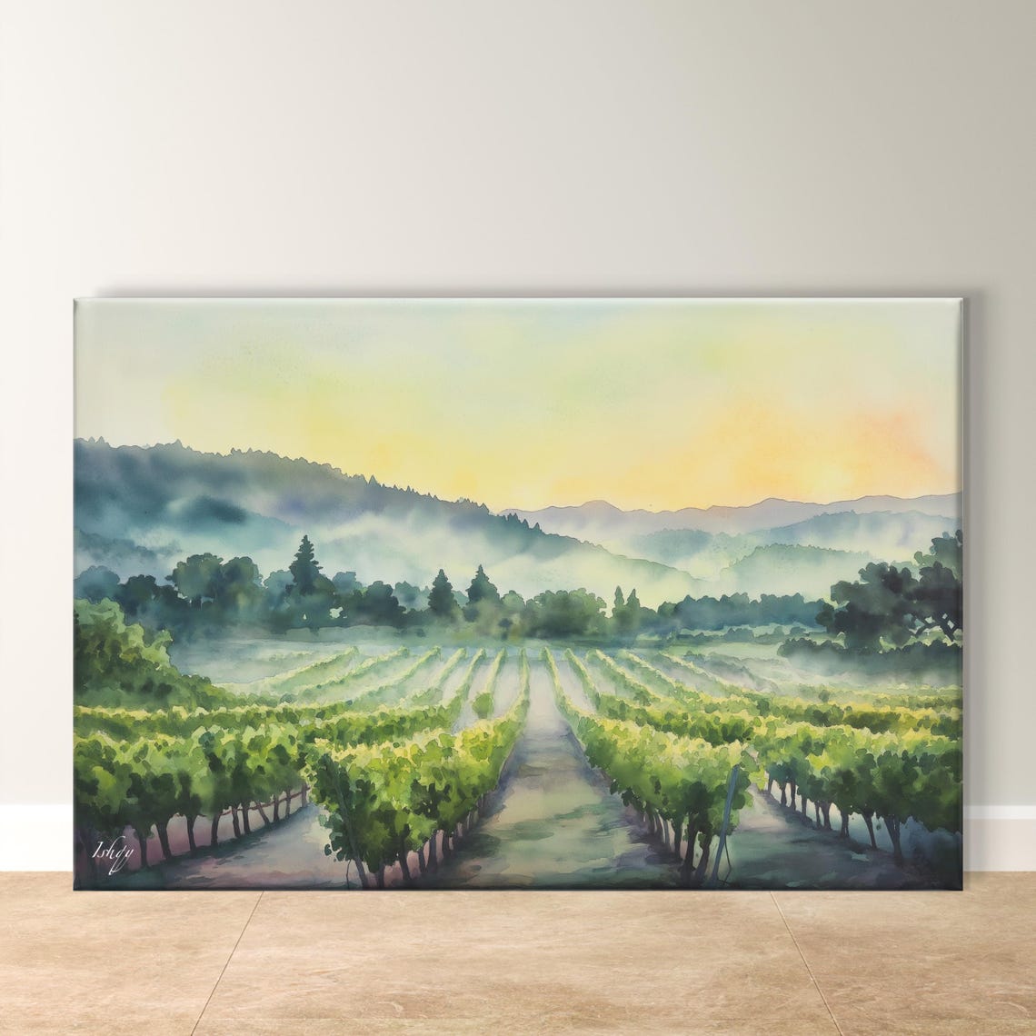 Napa Valley Vineyard Morning Mist Soft Watercolor Wine Poster