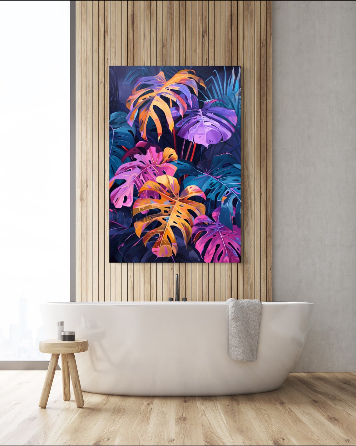 Neon Tropical Monstera Leaves on Dark Navy Background Art Poster - Image 5