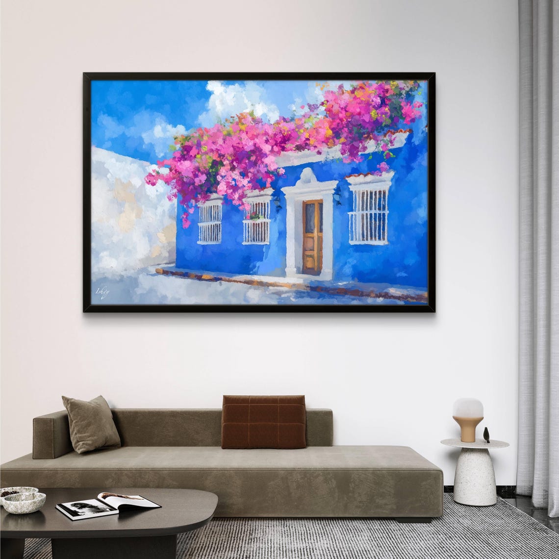 Cobalt Blue Colombian Colonial House With Bougainvillea Street Poster - Image 2
