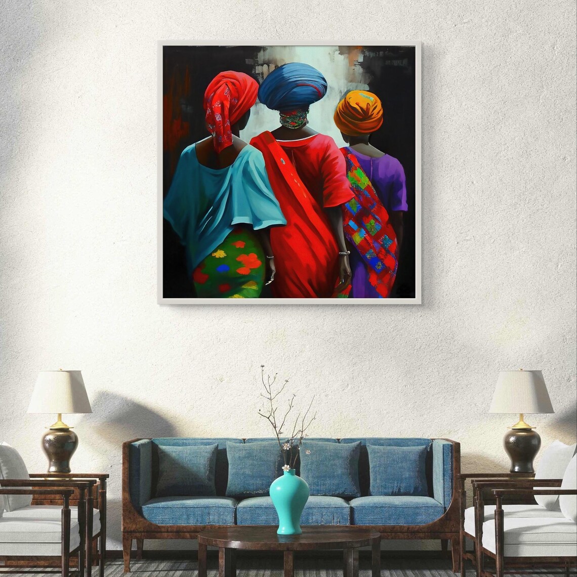 Three Women in Colorful Head Wraps Walking Together Art Poster - Image 4