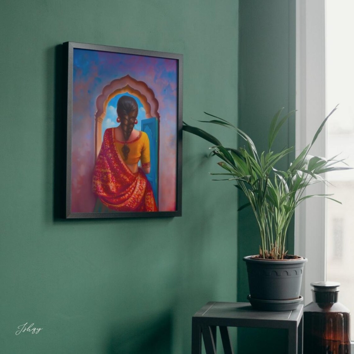 Punjabi Woman in Red Phulkari Saree at Arched Doorway Poster - Image 6