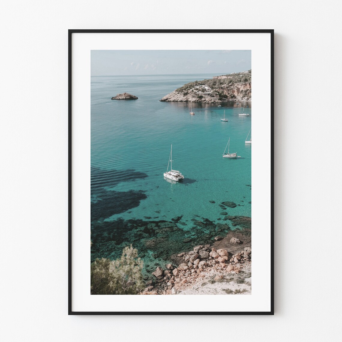 Ibiza Spain Turquoise Cove Sailboats Rocky Coastline Travel Poster