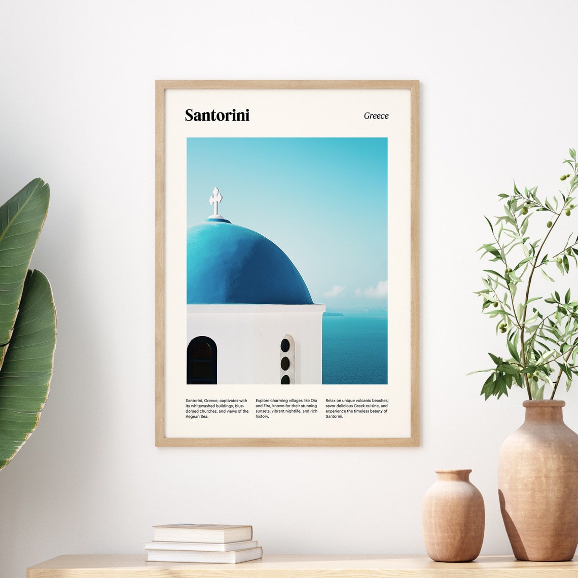 Santorini Greece Blue Dome Church Over Aegean Sea Travel Poster