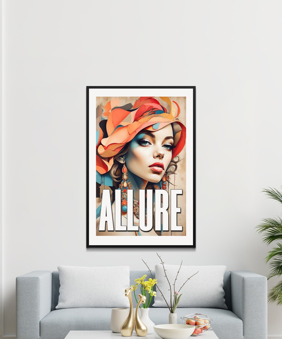 Allure Red Hat Woman Portrait Glamorous Fashion Art Print Decor