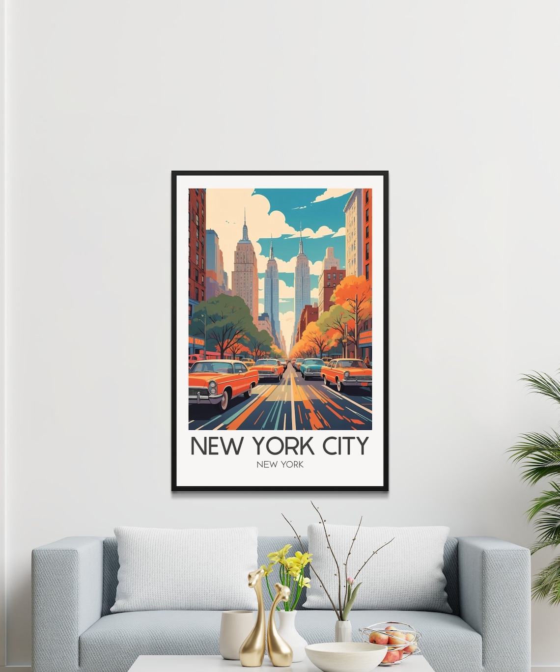 New York City Retro Street Classic Cars Skyline Travel Poster