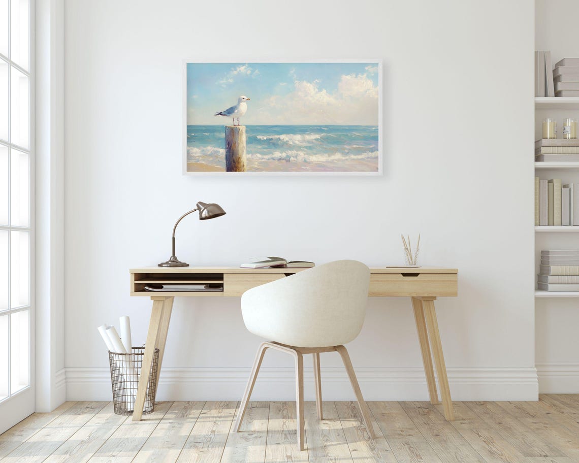 Seagull On Wooden Post Over Blue Ocean Waves Coastal Bird Poster - Image 2