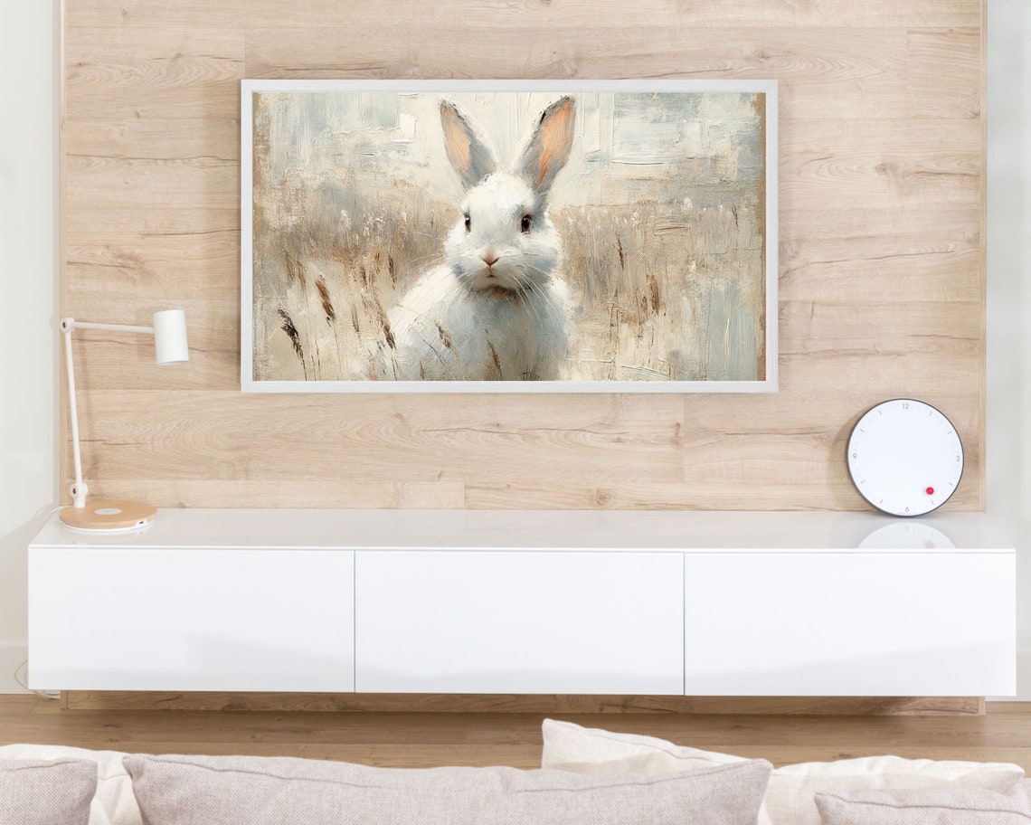 White Bunny Rabbit Portrait Vintage Rustic Farmhouse Animal Wall Art - Image 3