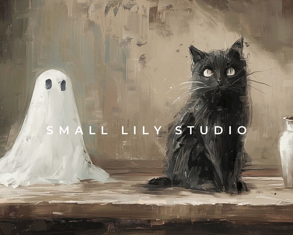 Ghost and Black Cat Rustic Farmhouse Table Vintage Halloween Painting Poster - Image 4