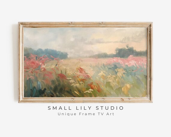 Pink Wildflower Meadow Misty Morning Vintage Landscape Art Poster