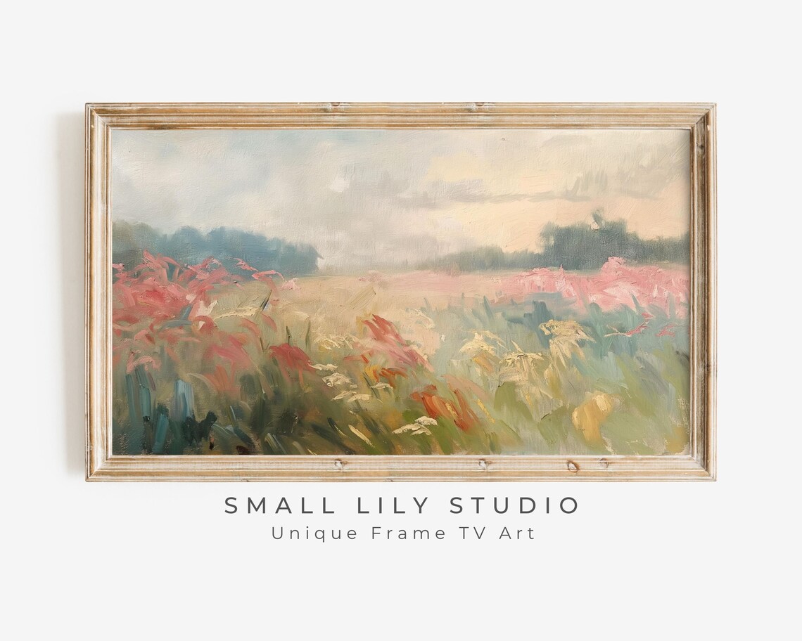 Pink Wildflower Meadow Misty Morning Vintage Landscape Art Poster
