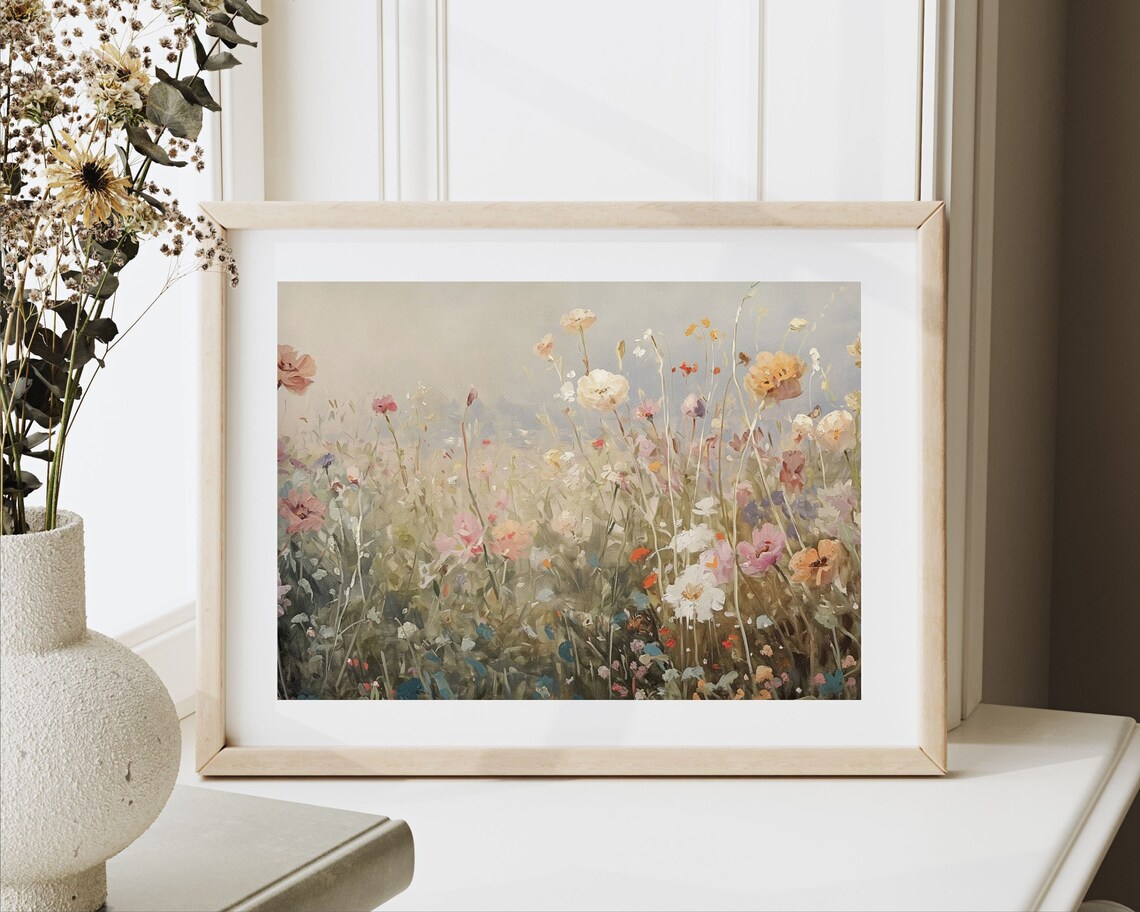 Delicate Pastel Wildflowers In Hazy Field Soft Floral Painting Poster - Image 2