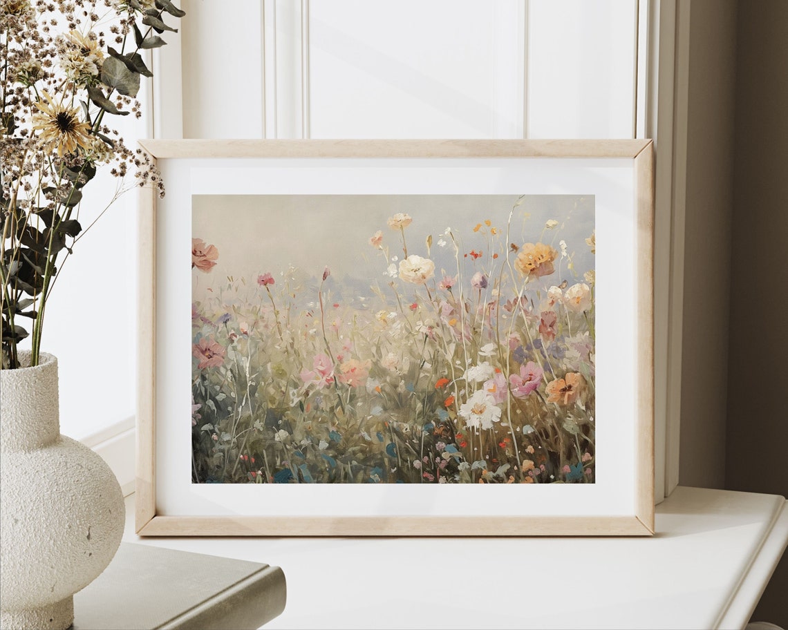 Wildflowers Wall Art Pink Beige Vintage Style Painting Floral Landscape Print Pretty Nursery Kids Room Girl Print Flowers P083 - Image 2