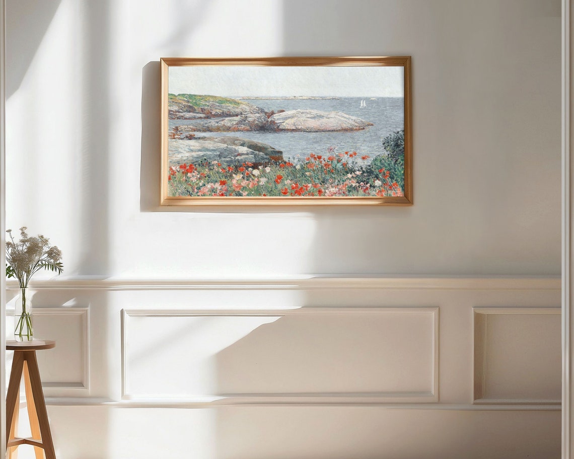Red Poppies by the Sea Rocky Coast Vintage Impressionist Art Poster - Image 3