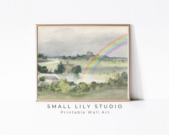 Rainbow Print Green Spring Wall Art Watercolor Landscape Cute Rainbow Print Kids Room Nursery St Patricks Day Print P058