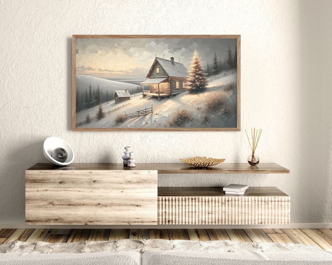 Frame Tv Art Rustic Christmas Cottage Frame Tv Art Christmas Cabin Neutral Farmhouse Christmas Vintage Painting Style Art Tv215 - Image 3