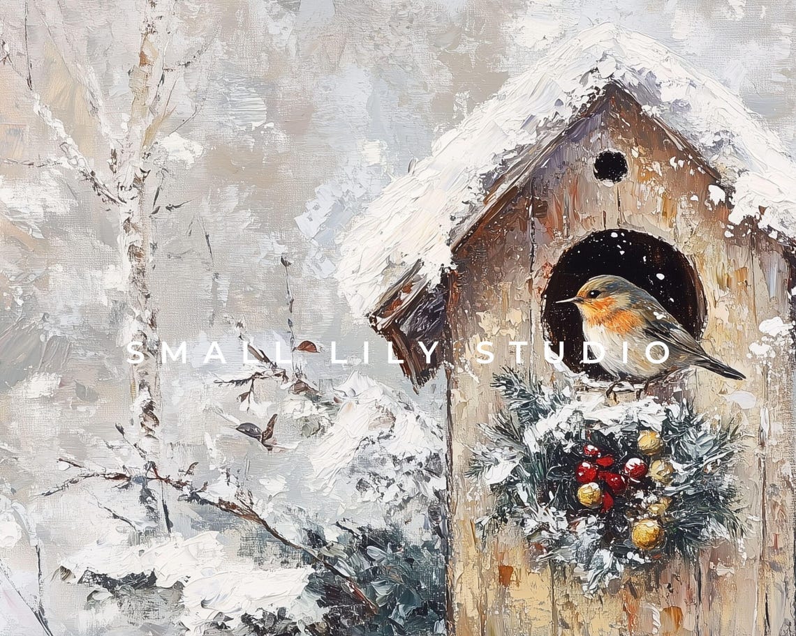 Frame Tv Art Christmas Birdhouse In Snow Neutral Winter Frame Tv Art Vintage Painting Style Cute Red Bird Picture For Kids Tv557 - Image 4