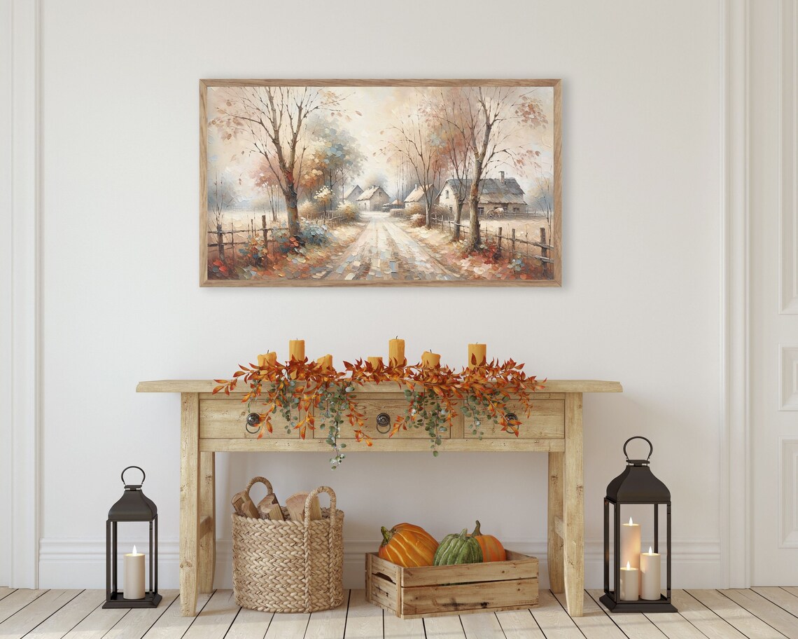 Country Road With Rustic Farmhouses And Autumn Trees Painting Poster - Image 3
