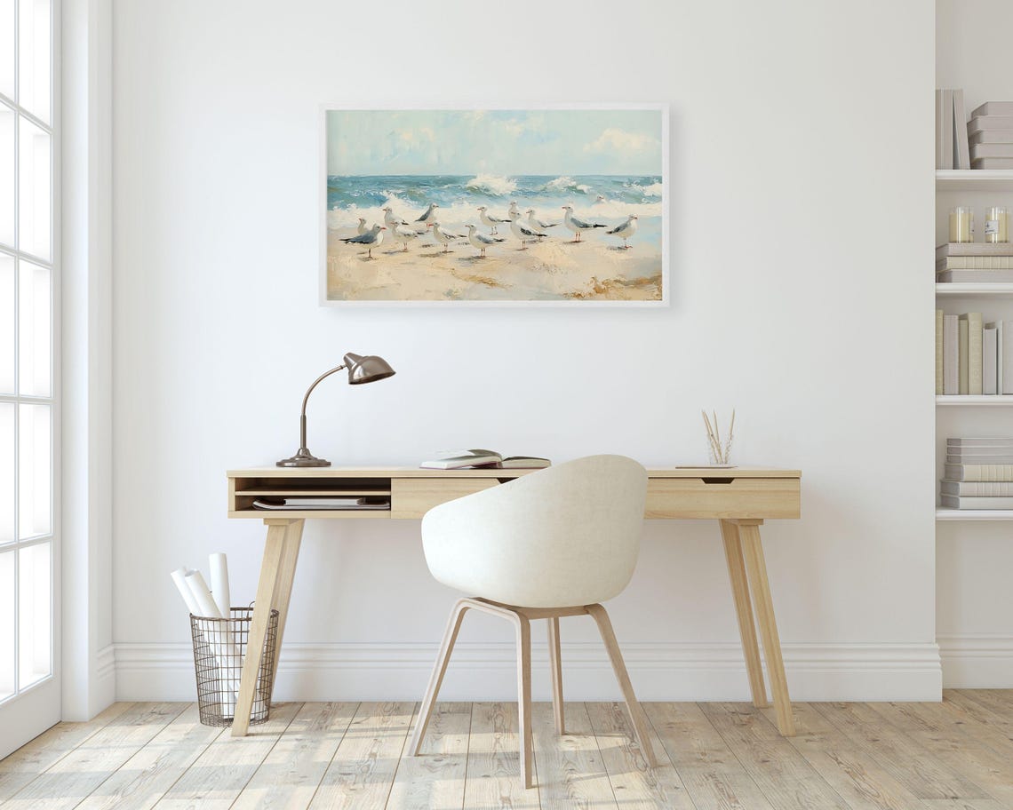Seagull Flock On Sandy Beach Shore Ocean Waves Coastal Poster - Image 2