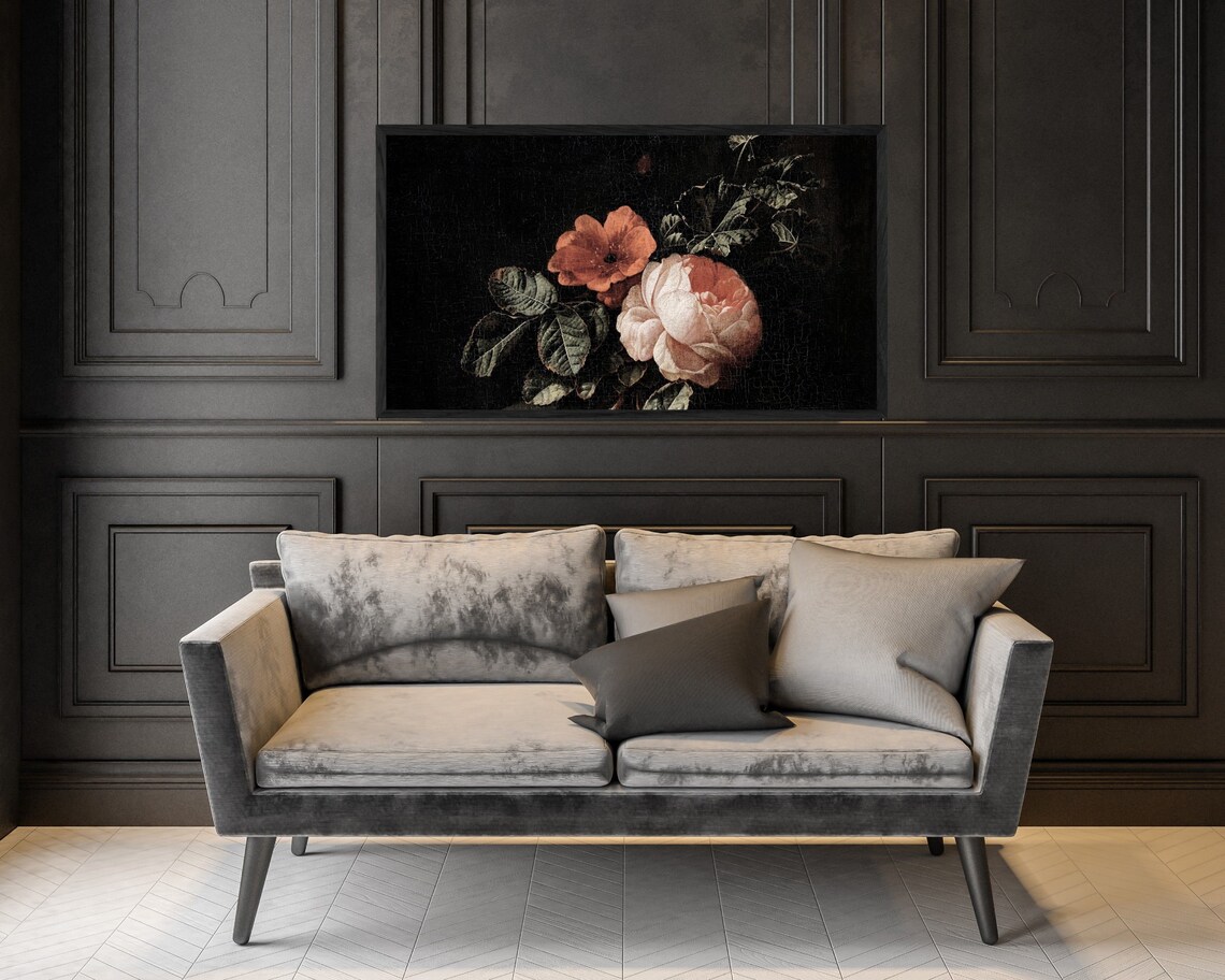 Dark Botanical Roses Pink Antique Still Life Moody Floral Poster - Image 3