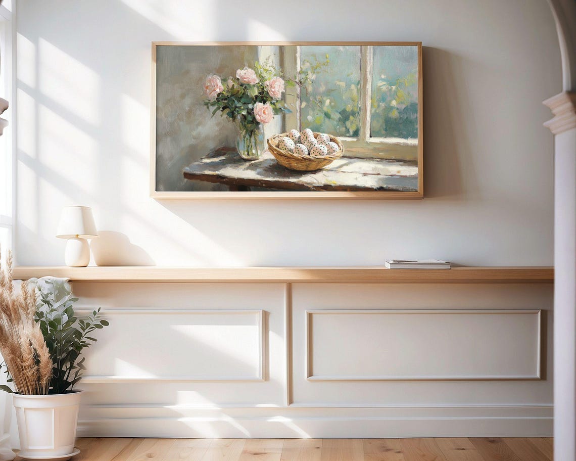 Pink Roses And Easter Eggs On Sunny Windowsill Painting Poster - Image 3