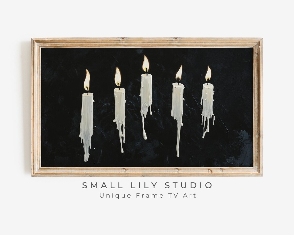 White Floating Candles Black Background Minimalist Halloween Painting Poster