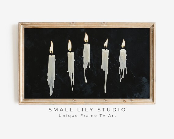 White Floating Candles Black Background Minimalist Halloween Painting Poster