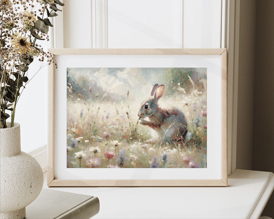 Brown Bunny Rabbit Wildflower Meadow Vintage Spring Animal Wall Art - Image 2