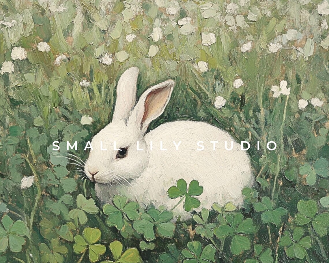 White Bunny Rabbit In Green Clover Field Vintage Spring Poster - Image 4