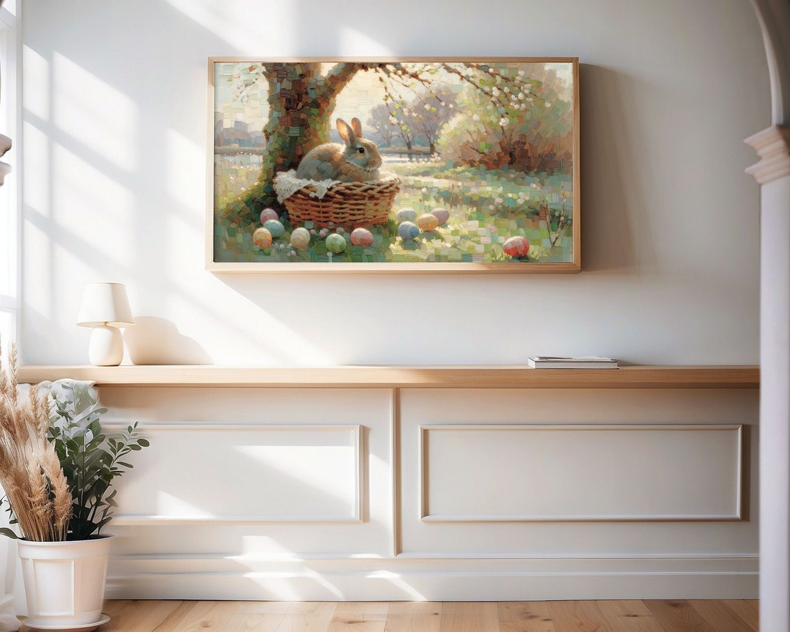 Spring Easter Frame Tv Art Bunny In Basket With Easter Eggs Cute Easter Rabbit Tv Art For Kids Frame Tv Art Vintage Style Tv263 - Image 3