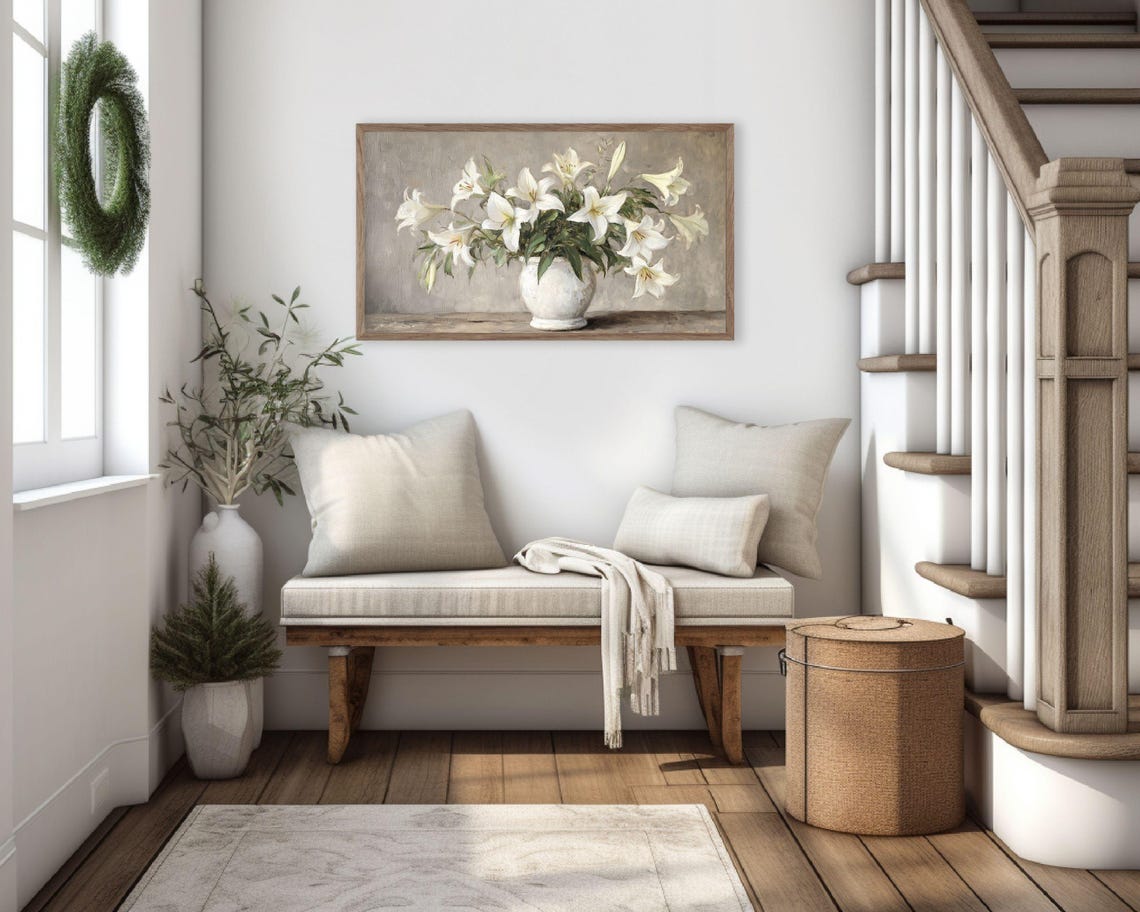 White Lilies in a White Vase Rustic Farmhouse Neutral Floral Wall Art - Image 3