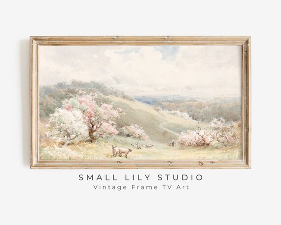 Spring Countryside Lambs Grazing Blossom Trees Pastel Watercolor Poster