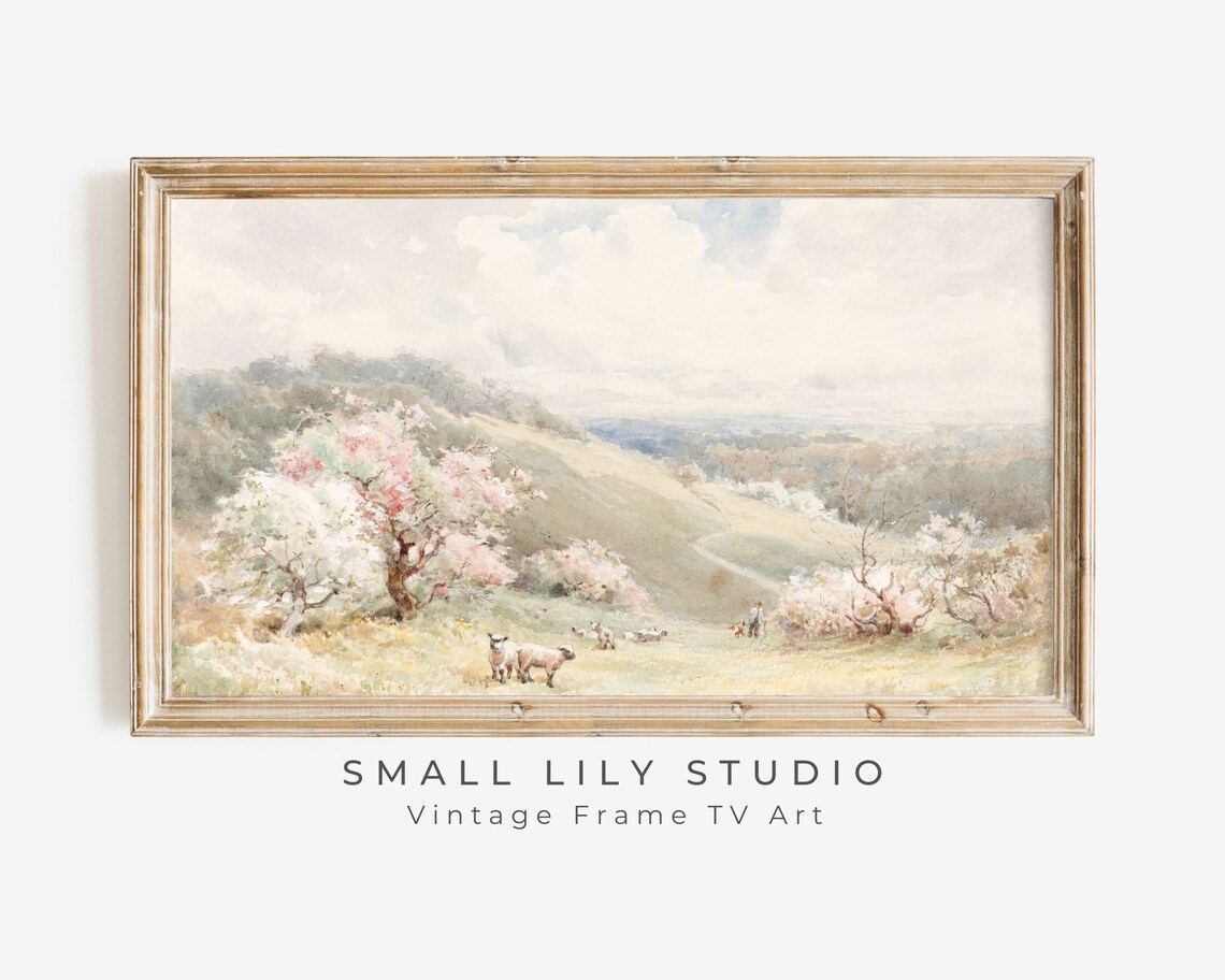 Spring Countryside Lambs Grazing Blossom Trees Pastel Watercolor Poster