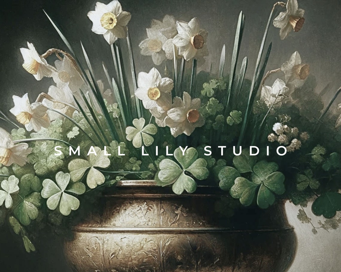 Daffodils and Shamrocks Gold Pot Moody Vintage Still Life Art Poster - Image 4