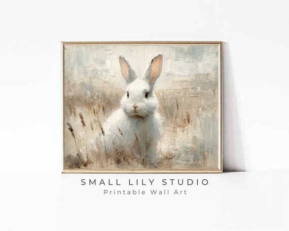 White Rabbit Portrait Rustic Wildflower Field Vintage Animal Wall Art