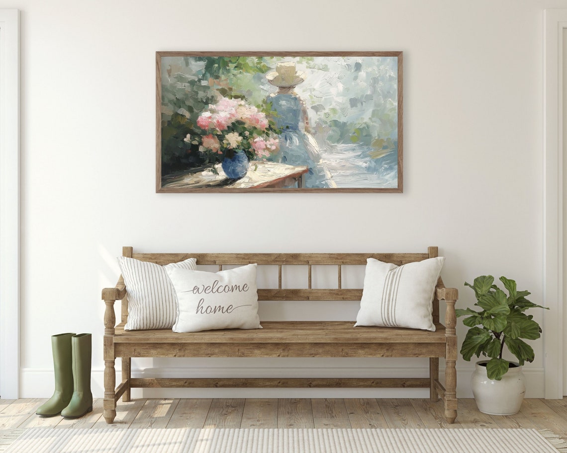 Spring Frame Tv Art Woman In Garden Mothers Day Frame Tv Art Floral Vintage Style Oil Painting Blue Green Pink Textured Tv337 - Image 3