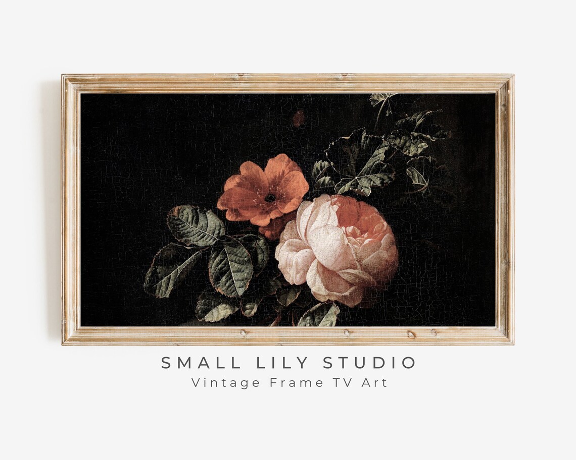 Dark Botanical Roses Pink Antique Still Life Moody Floral Poster