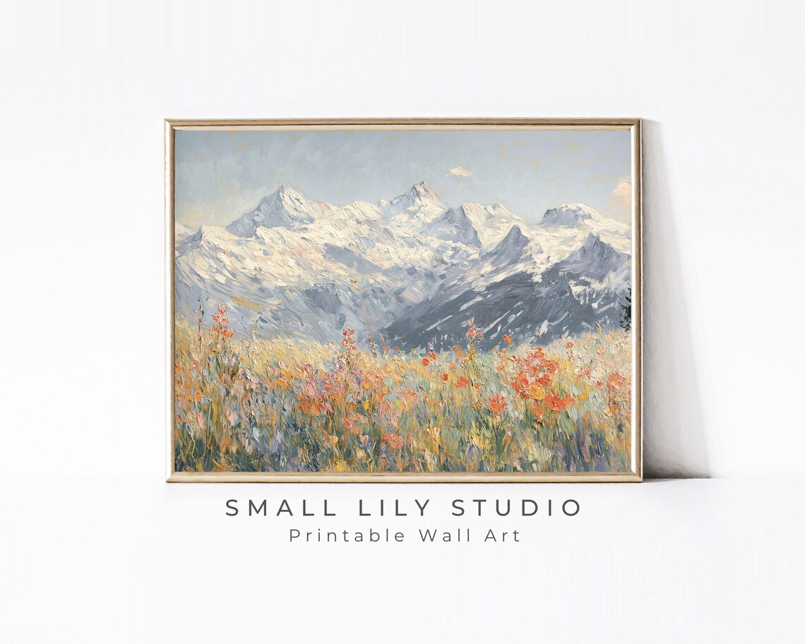 Alps Snow Peaks Wildflower Meadow Vintage Spring Landscape Painting Art Print