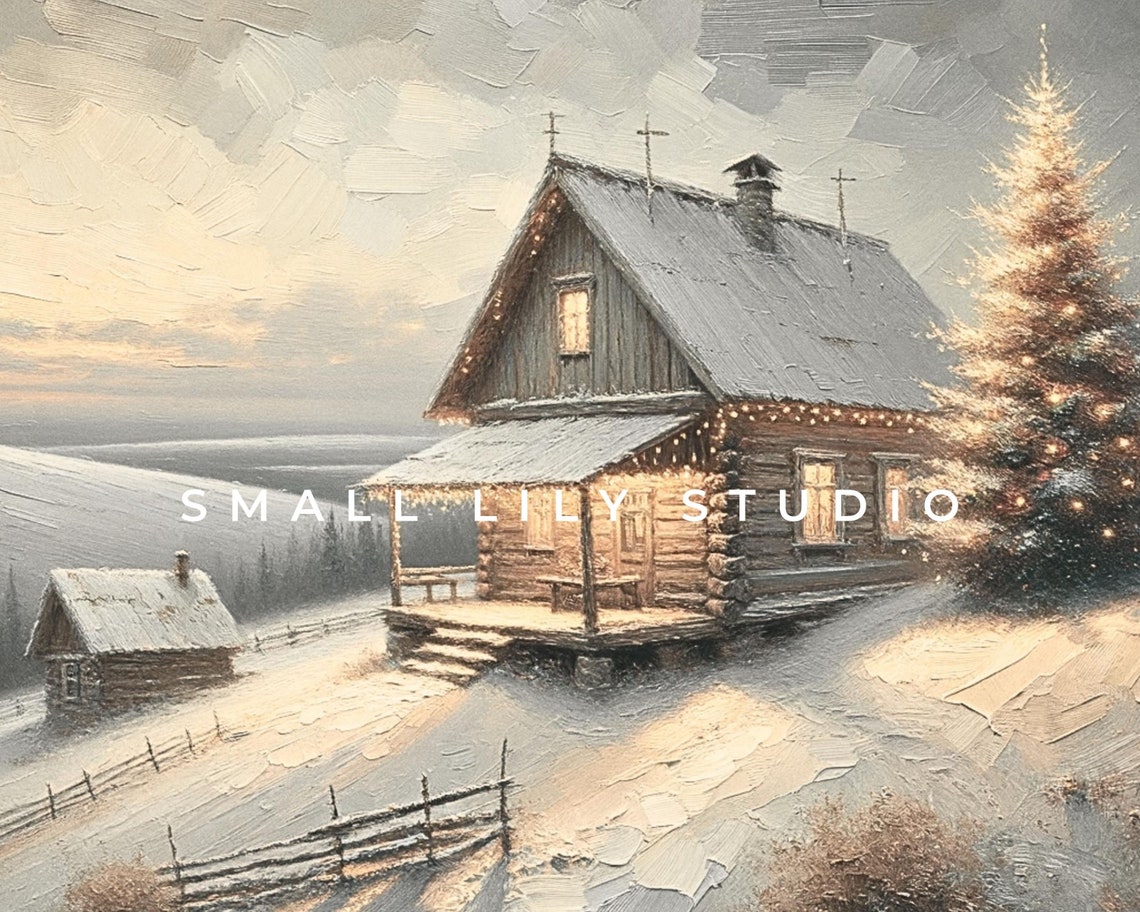 Rustic Christmas Cabin Snow Dusk Warm Lights Vintage Painting Poster - Image 4