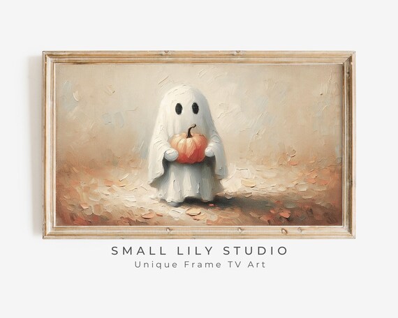 Cute Ghost Holding Pumpkin Neutral Minimalist Halloween Painting Poster