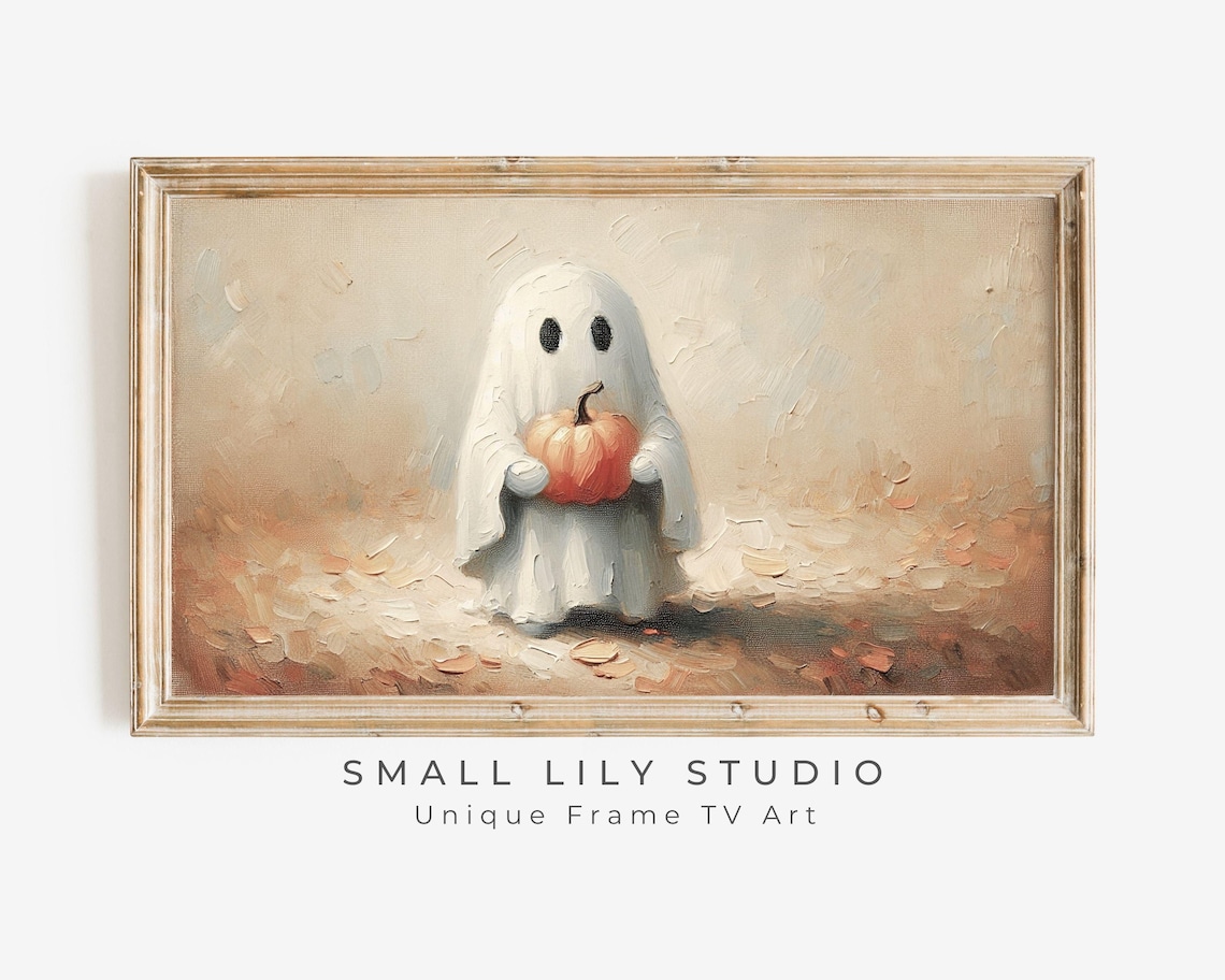 Cute Ghost Holding Pumpkin Neutral Minimalist Halloween Painting Poster