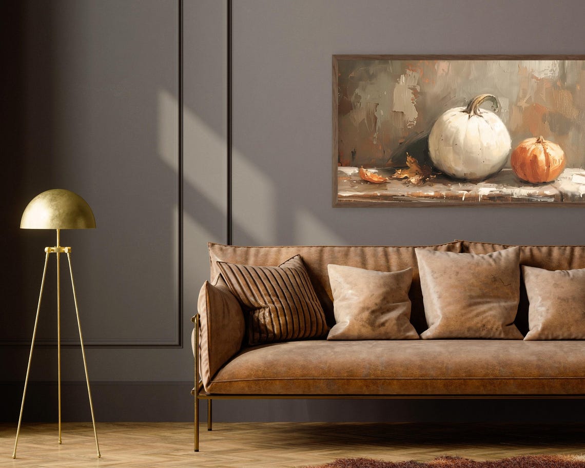 White Pumpkin And Small Orange Pumpkin On Ledge Moody Fall Poster - Image 2