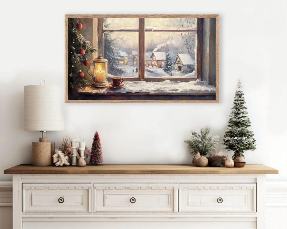 Frame Tv Art Cozy Christmas Window Frame Tv Art Vintage Style Painting Festive Winter Scene Neutral Xmas Tv Screensaver Tv518 - Image 3