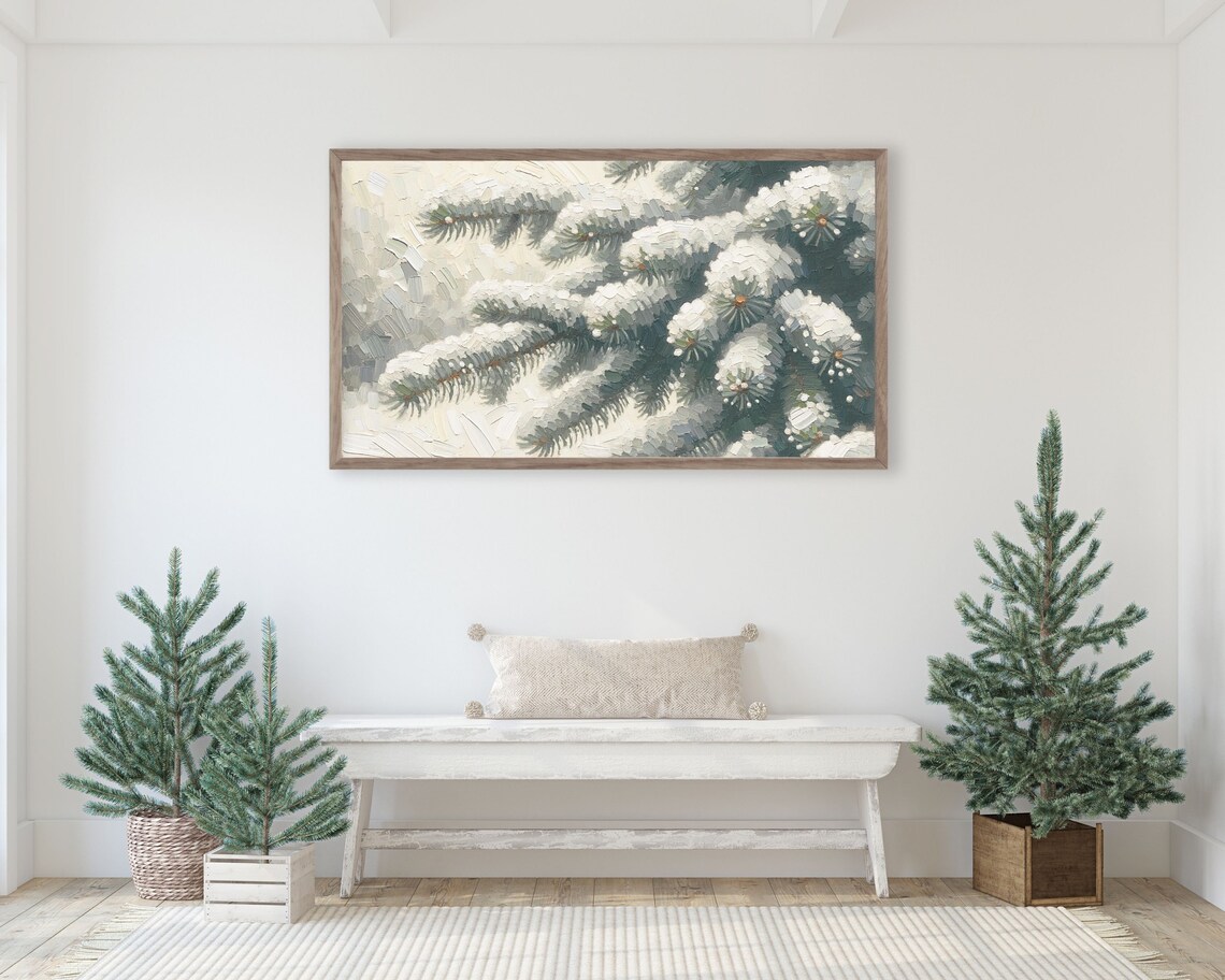 Snow Covered Pine Branch Close Up Textured Winter Painting Poster - Image 2