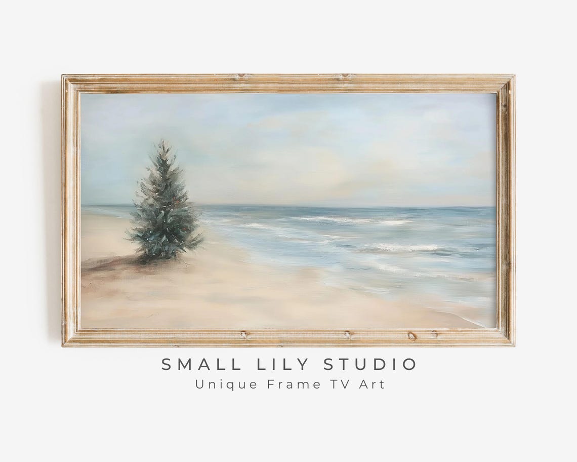 Lone Pine Tree On Sandy Beach Calm Ocean Coastal Landscape Poster