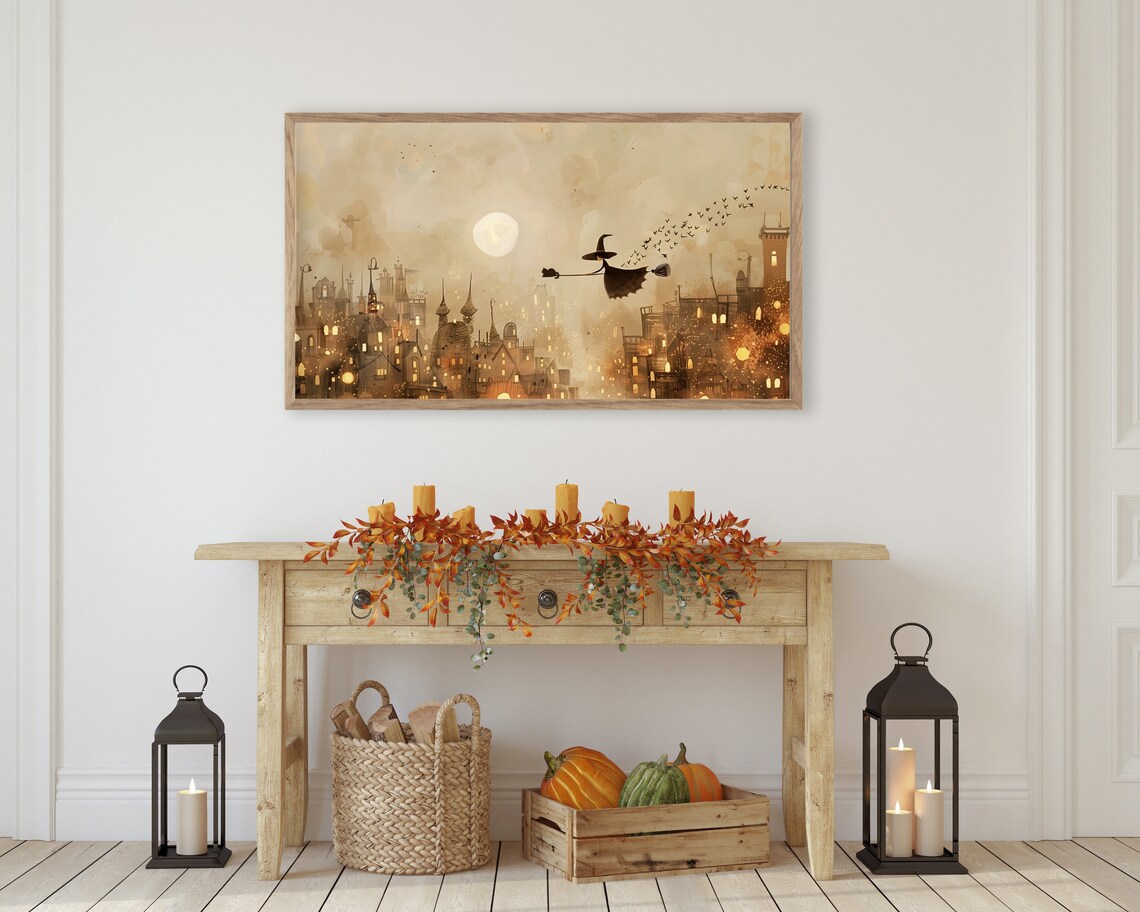 Witch and Black Cat Over Village Halloween Art Print - Image 3