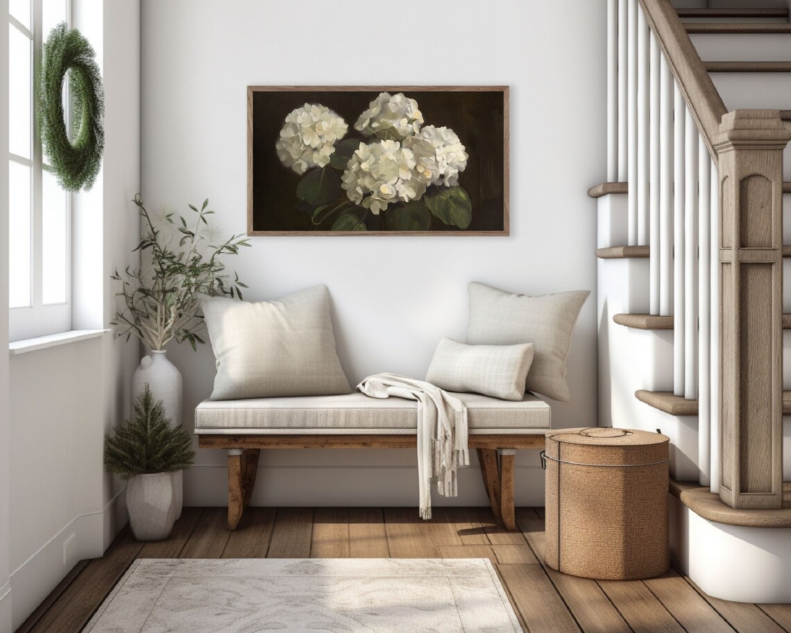 Moody White Hydrangeas Still Life, Vintage Style Art Print - Image 3