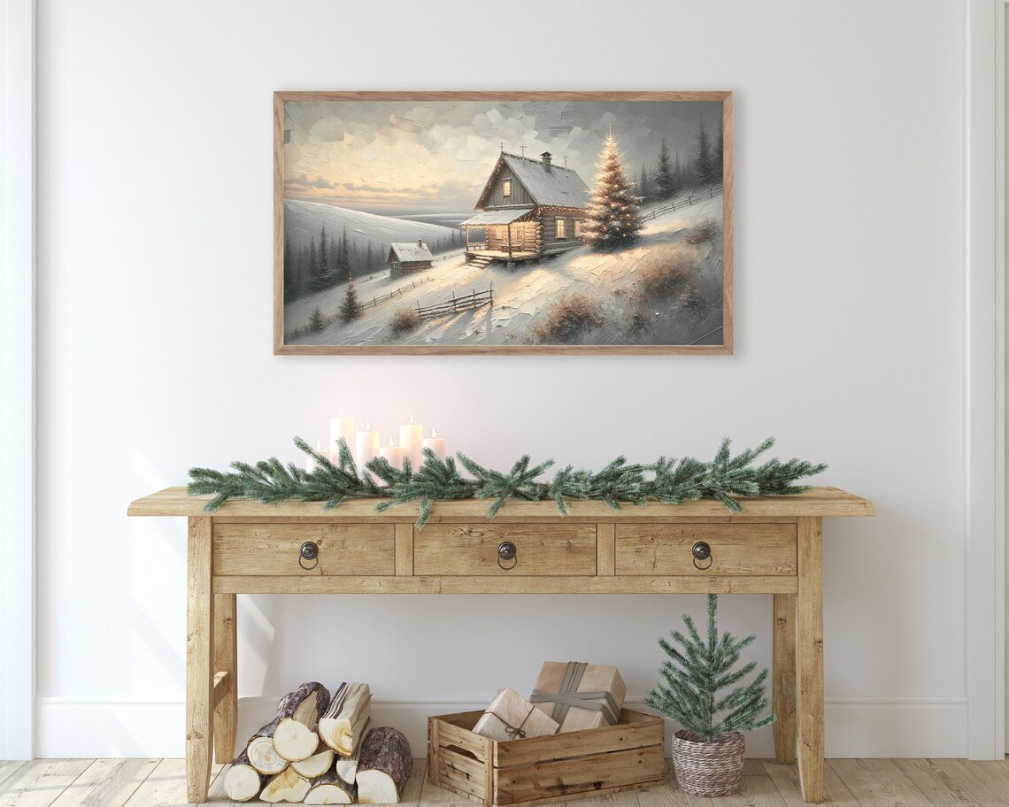 Frame Tv Art Rustic Christmas Cottage Frame Tv Art Christmas Cabin Neutral Farmhouse Christmas Vintage Painting Style Art Tv215 - Image 2